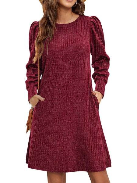 Puff Sleeve Ribbed Knit Dress with Pockets - alternate view 10