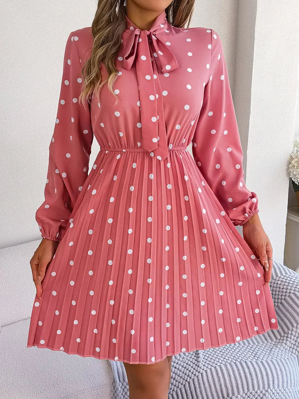 Polka Dot Tie Neck Pleated Dress - alternate view 3