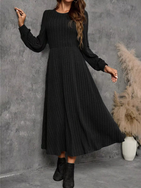 Ribbed Knit Long Sleeve A-Line Midi Dress - alternate view 3