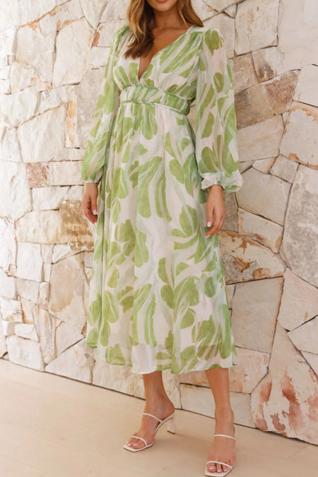 Printed V-Neck Long Sleeve Midi Dress - alternate view 4