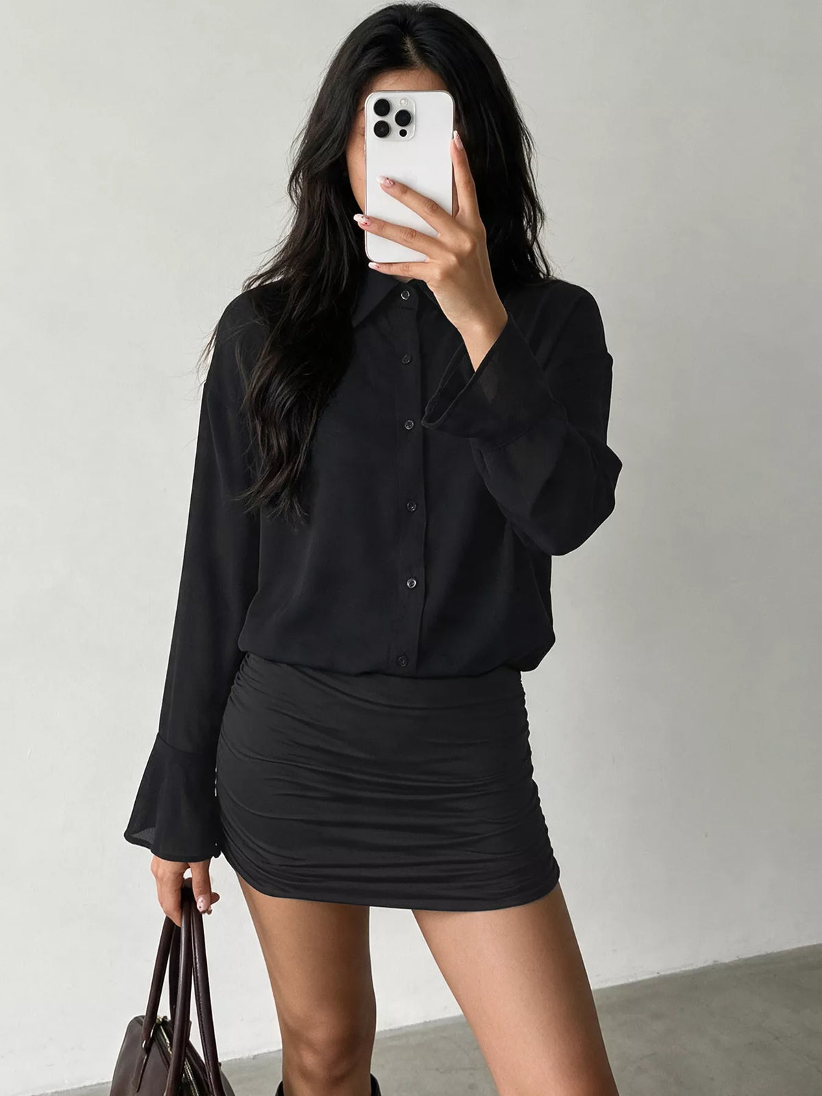 Button Front Flounce Sleeve Bodycon Shirt Dress - alternate view 3