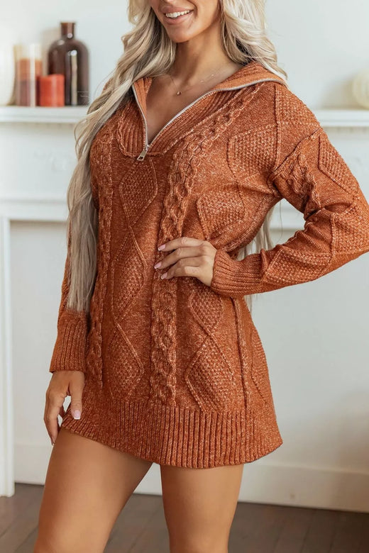 Zip-Up Cable Knit Drop Shoulder Sweater Dress - alternate view 5
