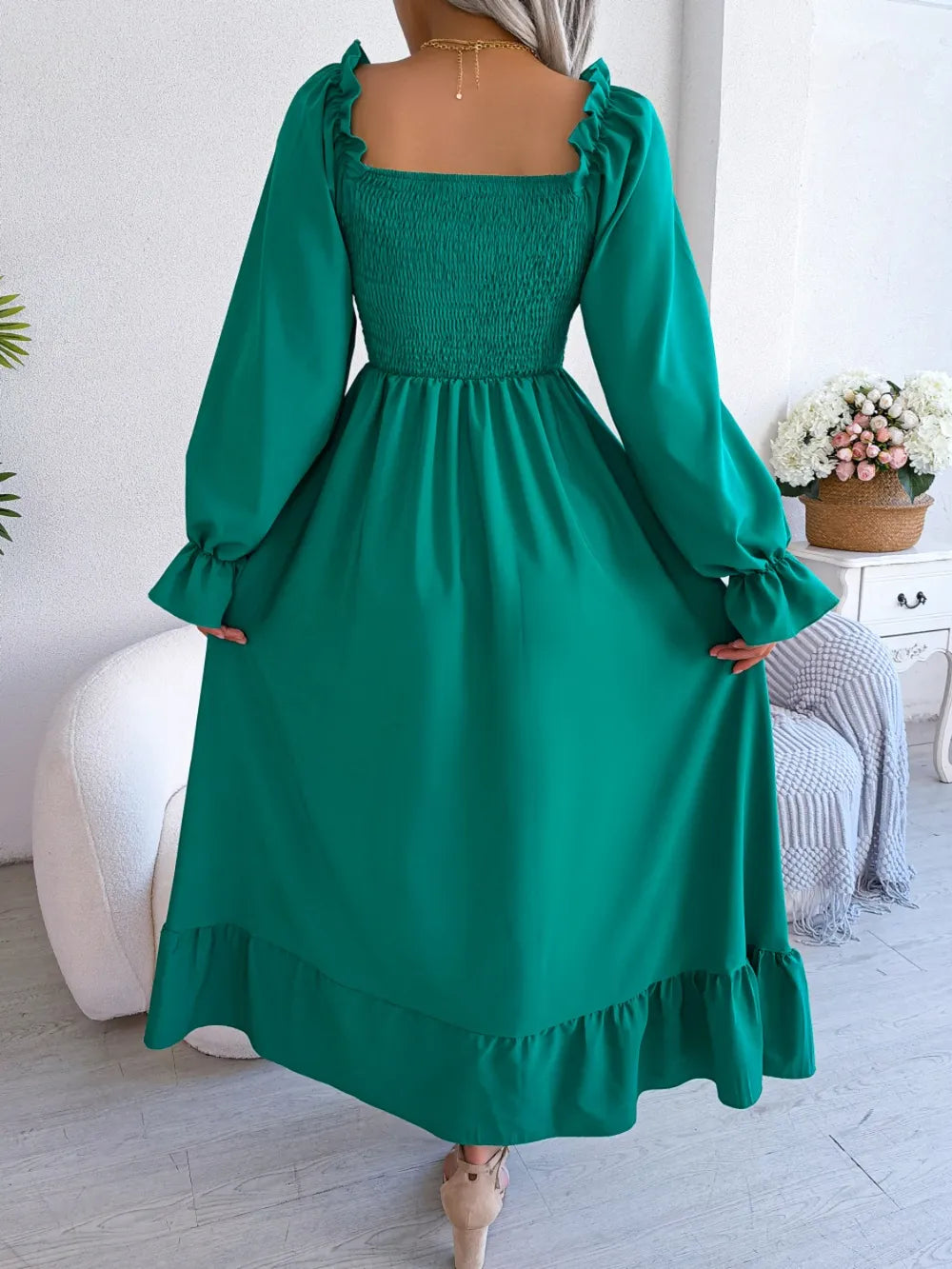 Smocked Square Neck Flounce Sleeve Dress - alternate view 18