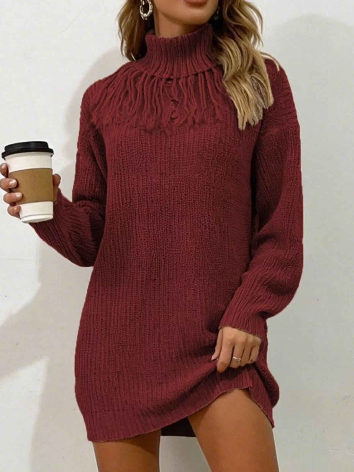 Full Size Turtleneck Fringe Detail Sweater Dress Plus Size - alternate view 5