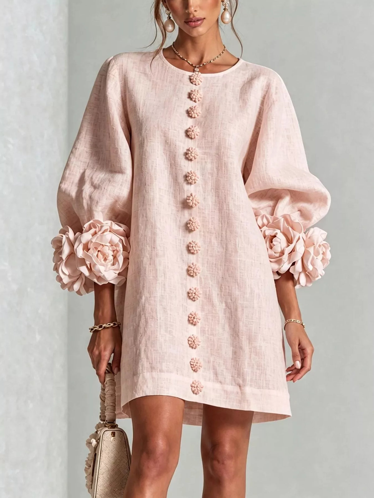 Full Size 3D Floral Round Neck Mini Dress Plus Size
