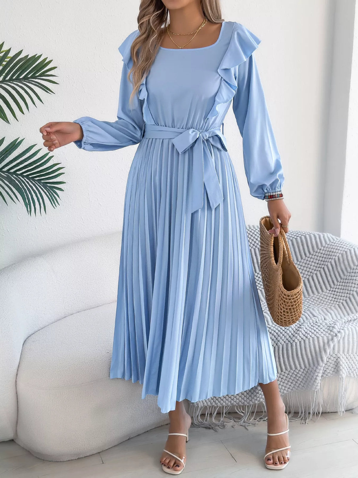 Ruffled Pleated Midi Dress with Waist Tie