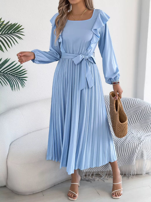 Ruffled Pleated Midi Dress with Waist Tie