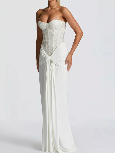 Elegant Strapless Sequin Corset Maxi Dress with Draped Waist Detail - alternate view 3