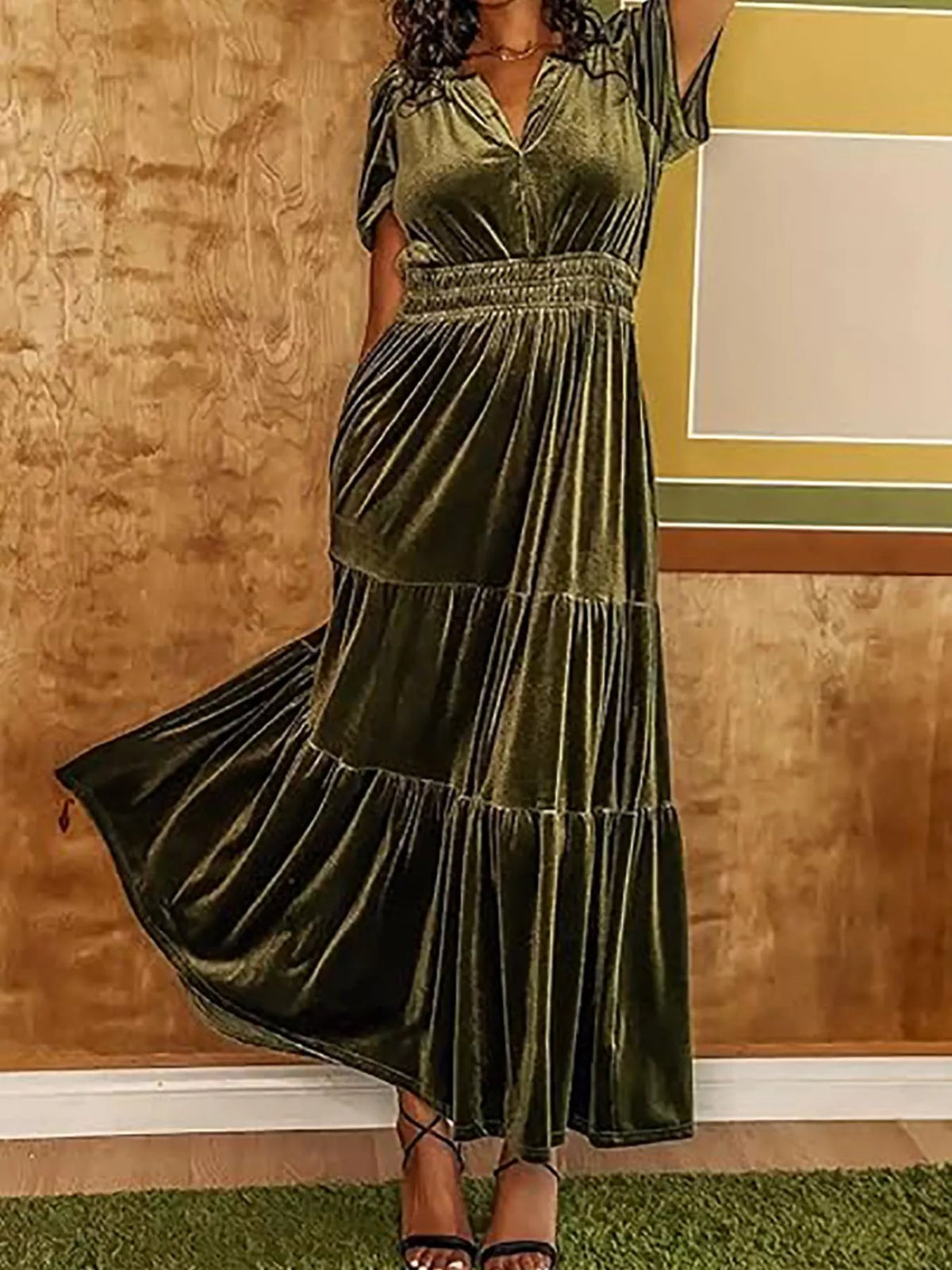 Velvet Tiered Short Sleeve Maxi Dress - alternate view 11