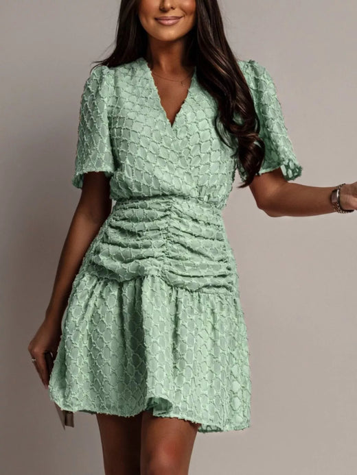 Textured V-Neck Ruched Mini Dress - alternate view 4