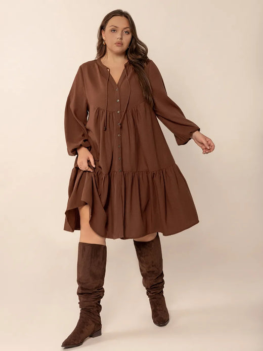 Tie Neck Balloon Sleeve Tiered Dress - alternate view 6