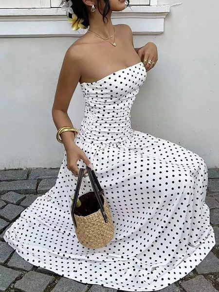 Strapless Polka Dot Ruched Maxi Dress - alternate view 4