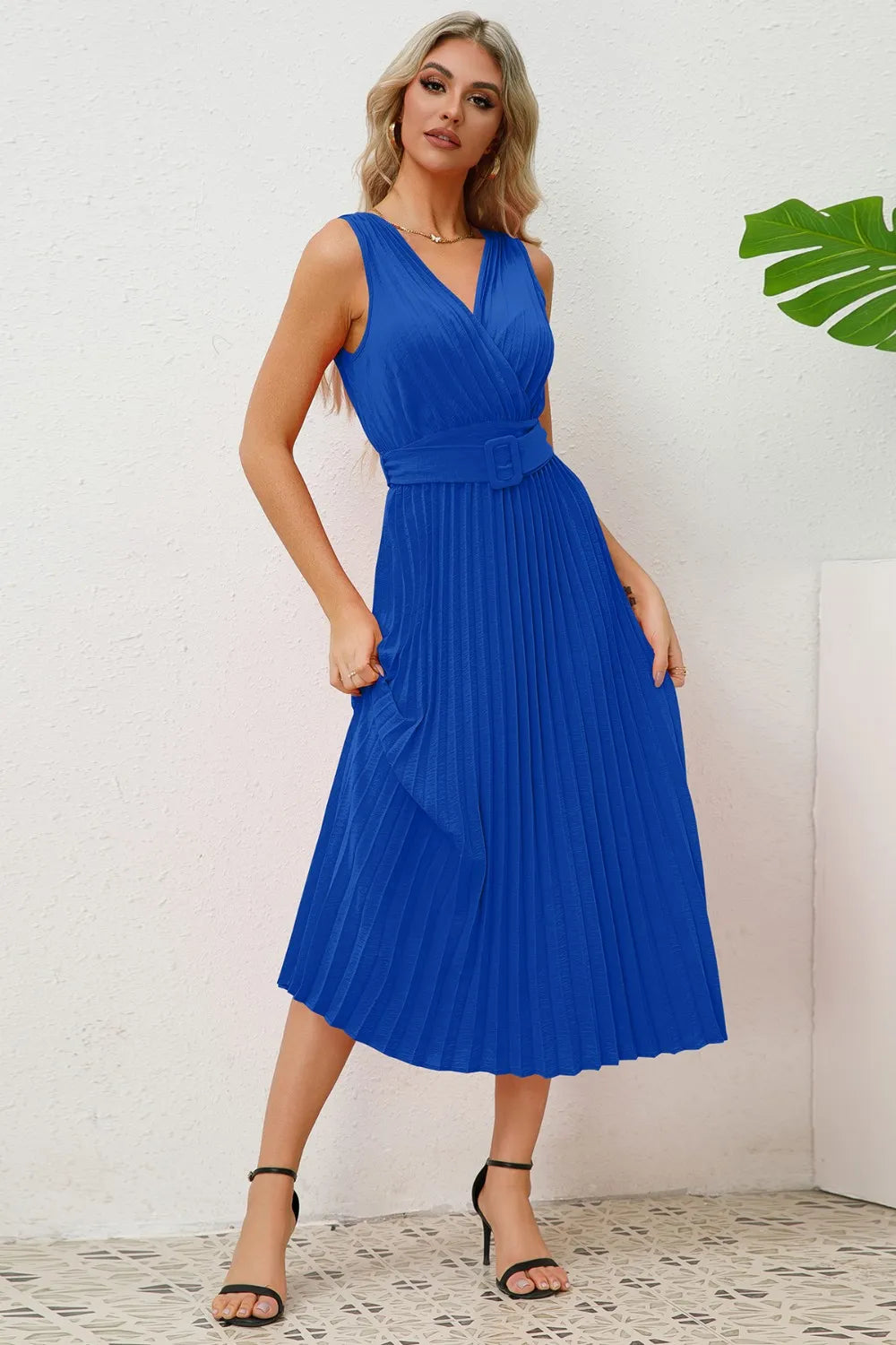Surplice Sleeveless Midi Pleated Dress - alternate view 3