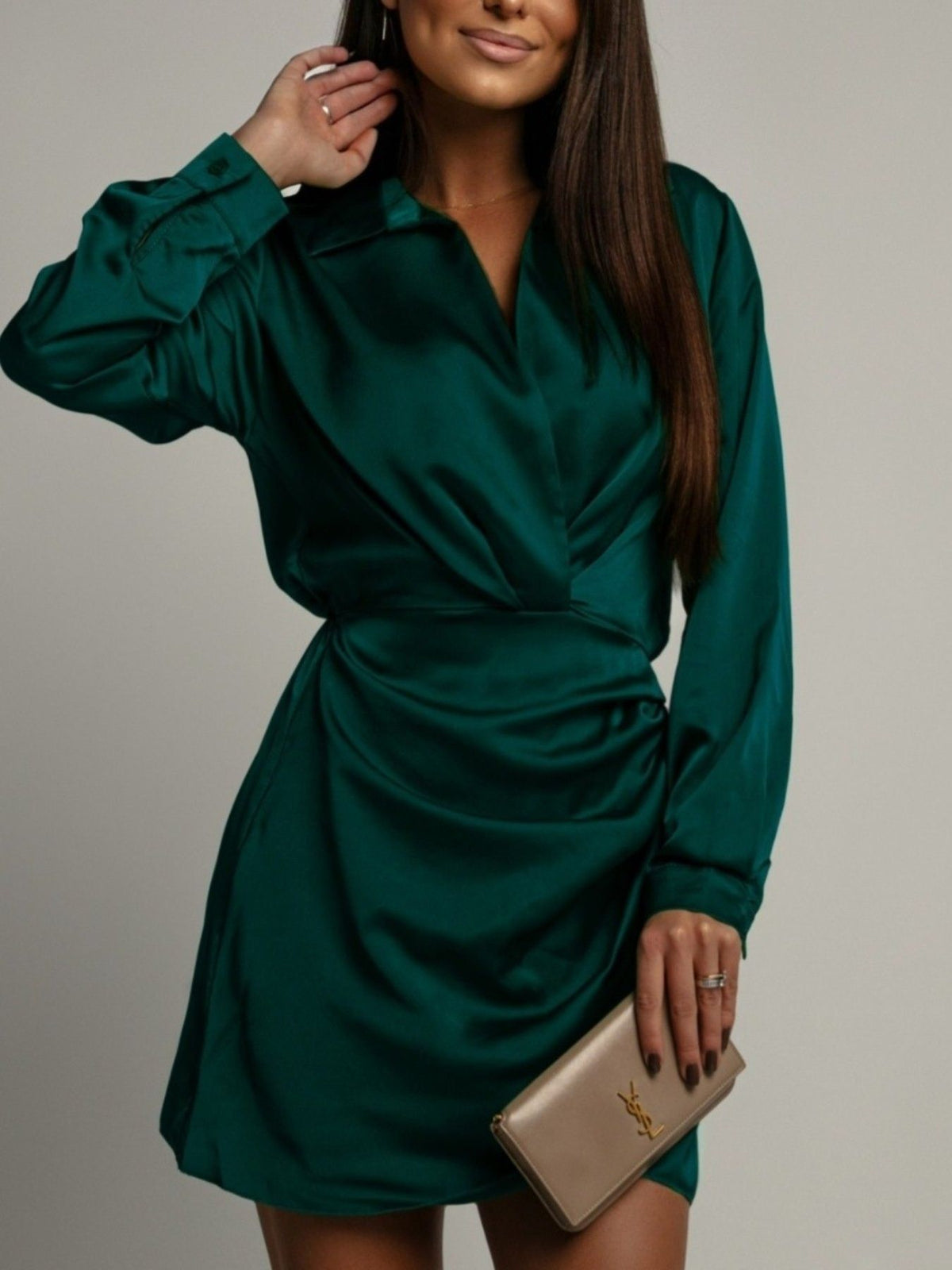 Collared Neck Long Sleeve Satin Dress - alternate view 5