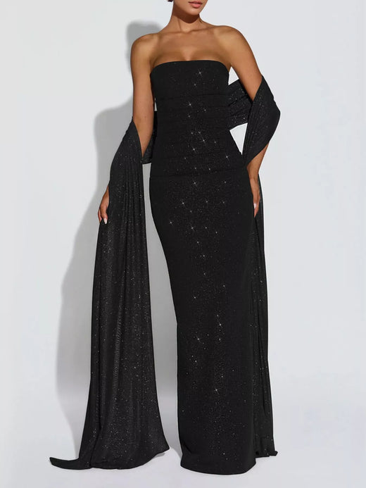 Slit Glitter Tube Maxi Dress with Scarf - alternate view 2