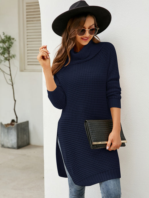 Turtleneck Waffle-Knit Slit Sweater Dress - alternate view 5