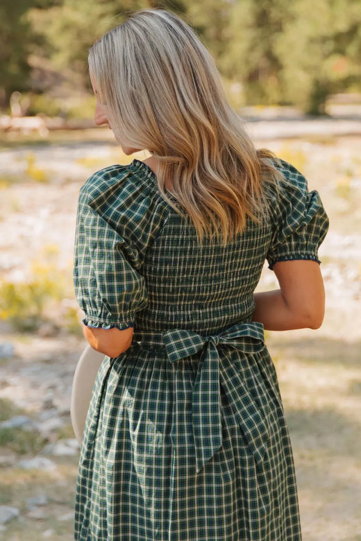 Plaid Square Neck Shirred High Waist Ruffle Hem Maxi Dress - alternate view 5