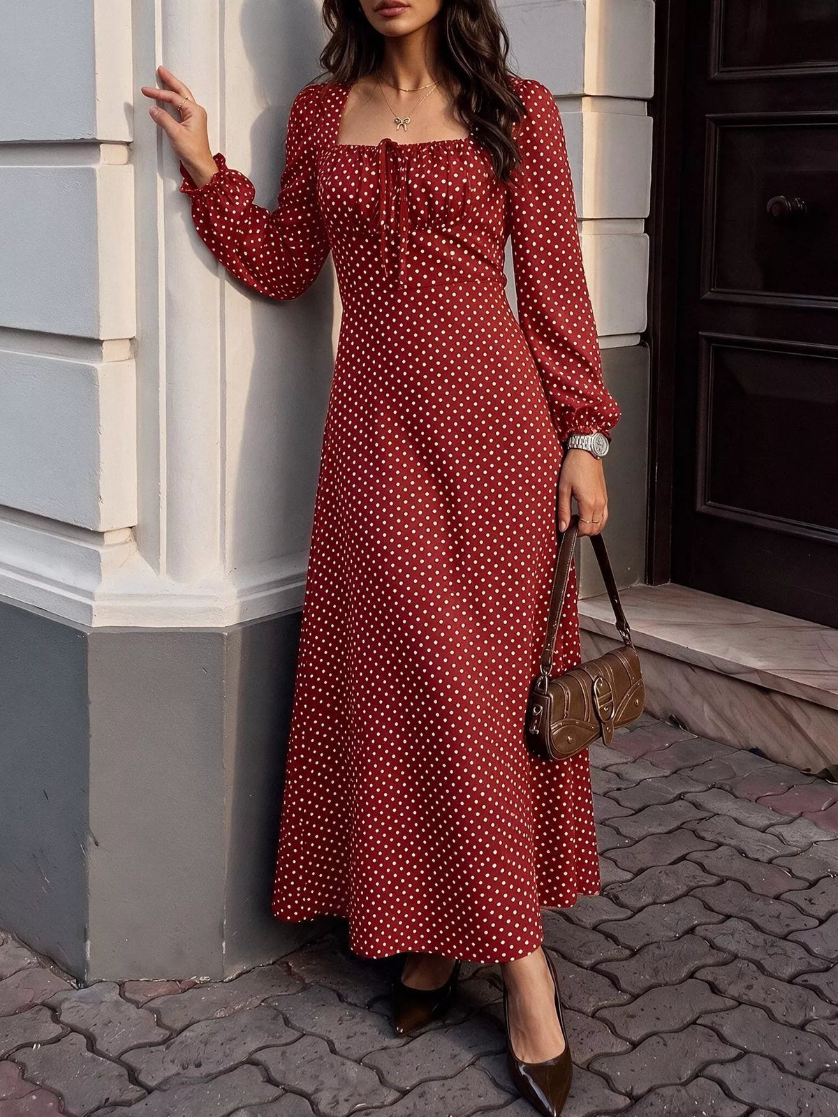 Square Neck Polka Dot Long Sleeve Maxi Dress - alternate view 3