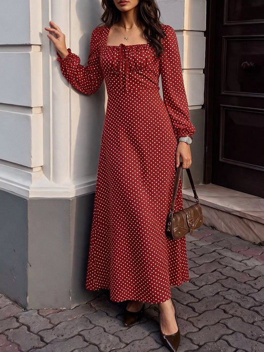 Square Neck Polka Dot Long Sleeve Maxi Dress - alternate view 3