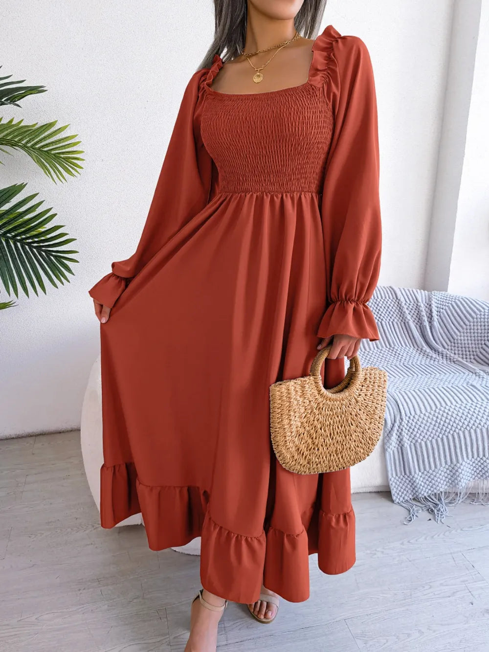 Smocked Square Neck Flounce Sleeve Dress - alternate view 4