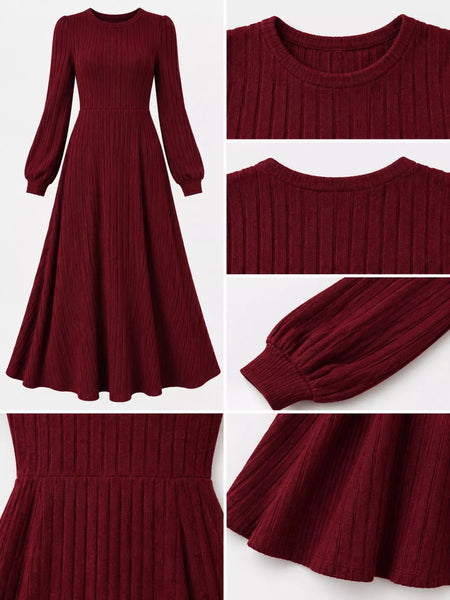 Ribbed Knit Long Sleeve A-Line Midi Dress - alternate view 15