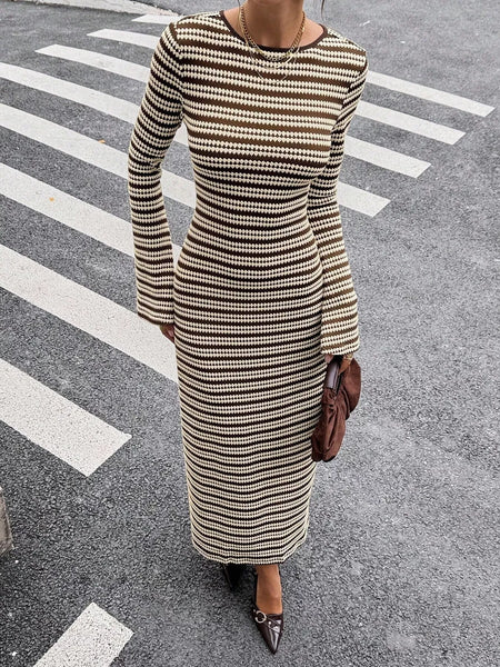 Backless Striped Ribbed Knit Maxi Dress with Flared Sleeves - alternate view 5