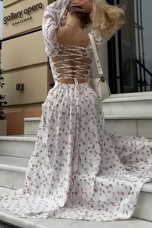 Floral Print Lace Up Back Slit Maxi Dress - alternate view 2