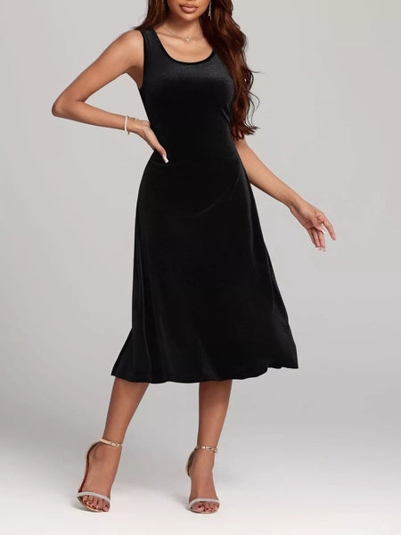 Round Neck Sleeveless Velvet A-Line Midi Dress - alternate view 4