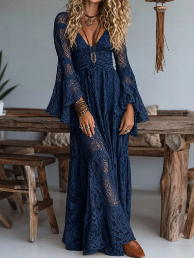 V-Neck Lace Flare Sleeve Maxi Dress - alternate view 8