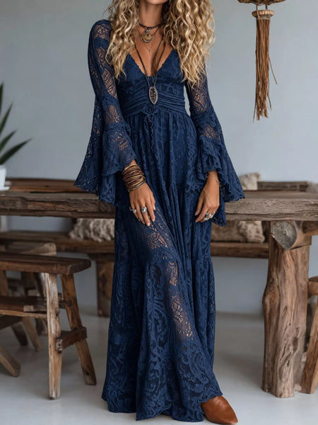 V-Neck Lace Flare Sleeve Maxi Dress - alternate view 8