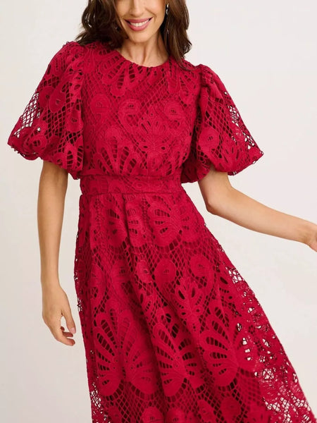 Lace Puff Sleeve Midi Dress - alternate view 9