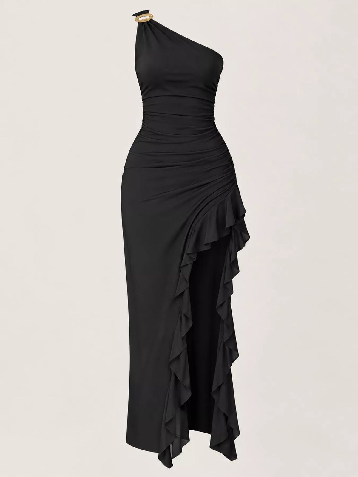 One-Shoulder Ruched Ruffle Hem Maxi Dress - alternate view 11