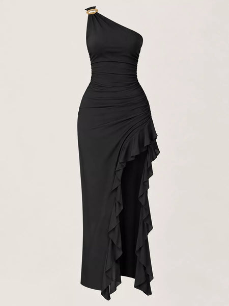 One-Shoulder Ruched Ruffle Hem Maxi Dress - alternate view 11