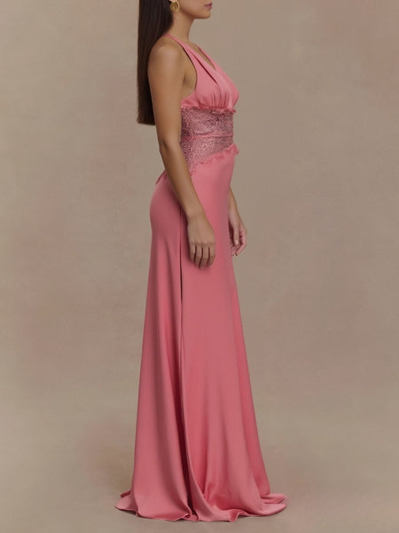 Halter Neck Lace Trimmed Maxi Dress - alternate view 2