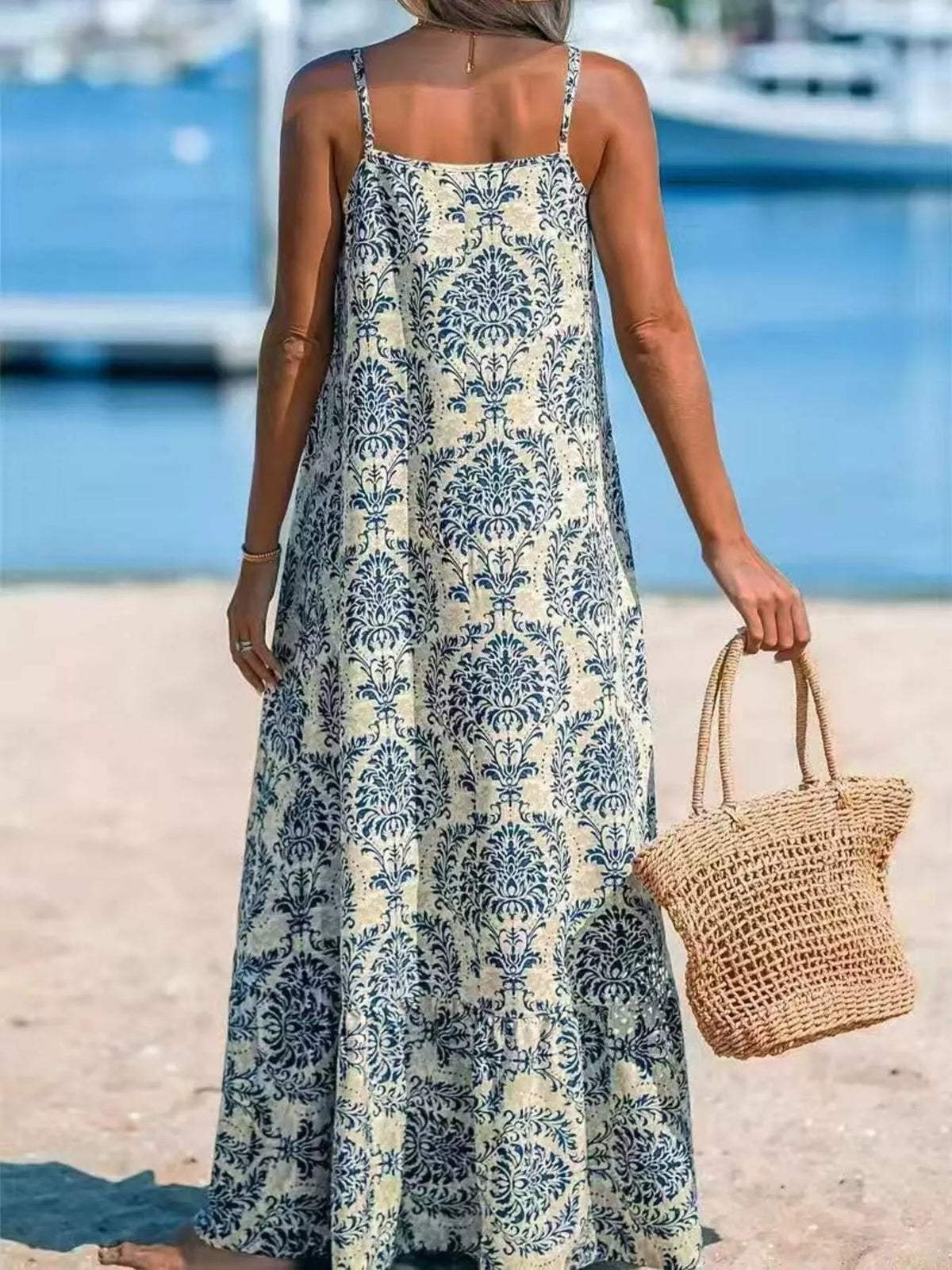 Plus Size Bohemian Spaghetti Strap Damask Print Maxi Beach Dress - alternate view 4