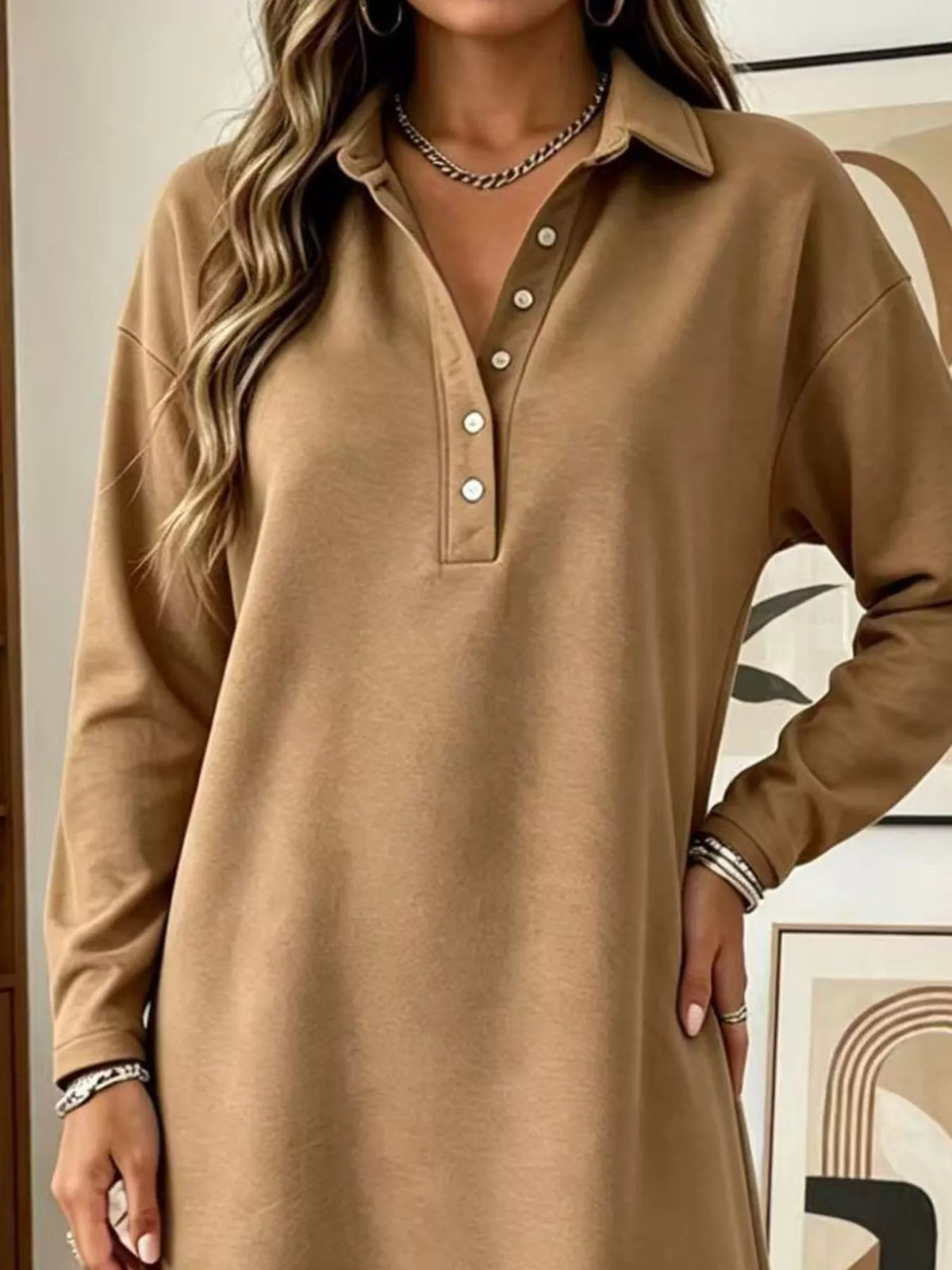 Polo Collar Long Sleeve Midi Dress - alternate view 11