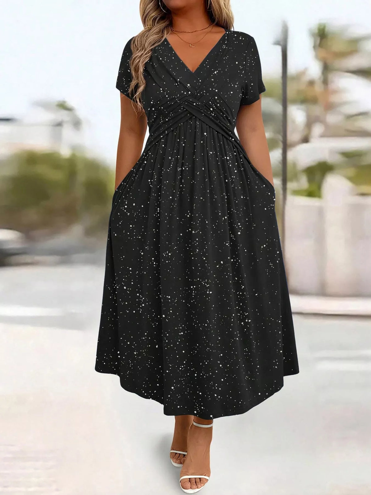 Full Size Twisted Front Short Sleeve Midi Dress with Pockets Plus Size