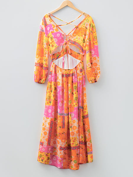 Vibrant Floral Long Sleeve Dress with Lace-Up Back - alternate view 5