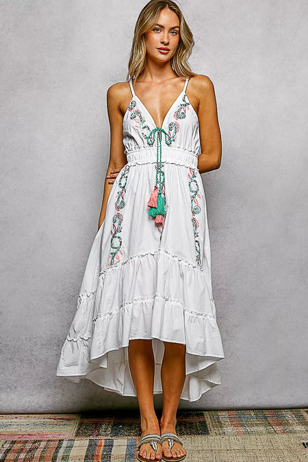 POL Embroidered Detail Tassel Tie Smocked Waist Midi Tiered Cami Dress - alternate view 2