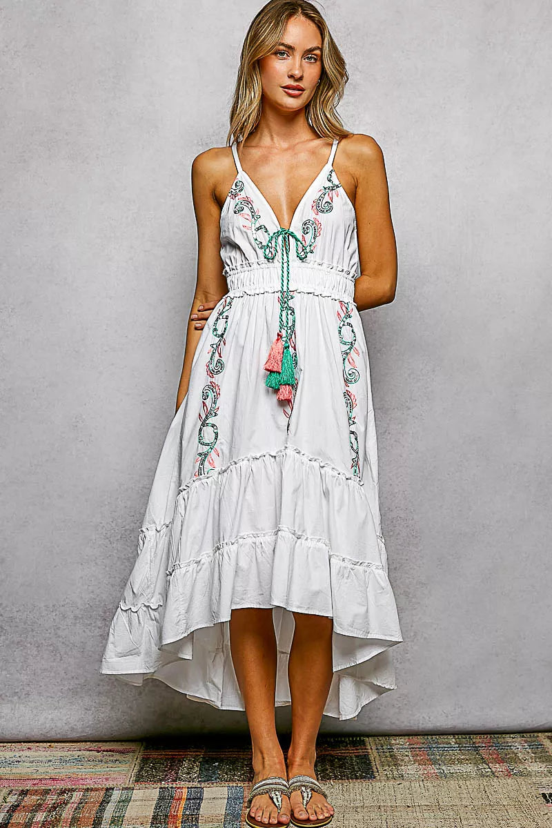POL Embroidered Detail Tassel Tie Smocked Waist Midi Tiered Cami Dress - alternate view 2