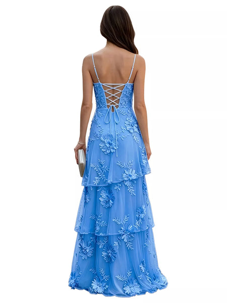Floral Applique Tiered Maxi Dress with Lace Up Detail - alternate view 3