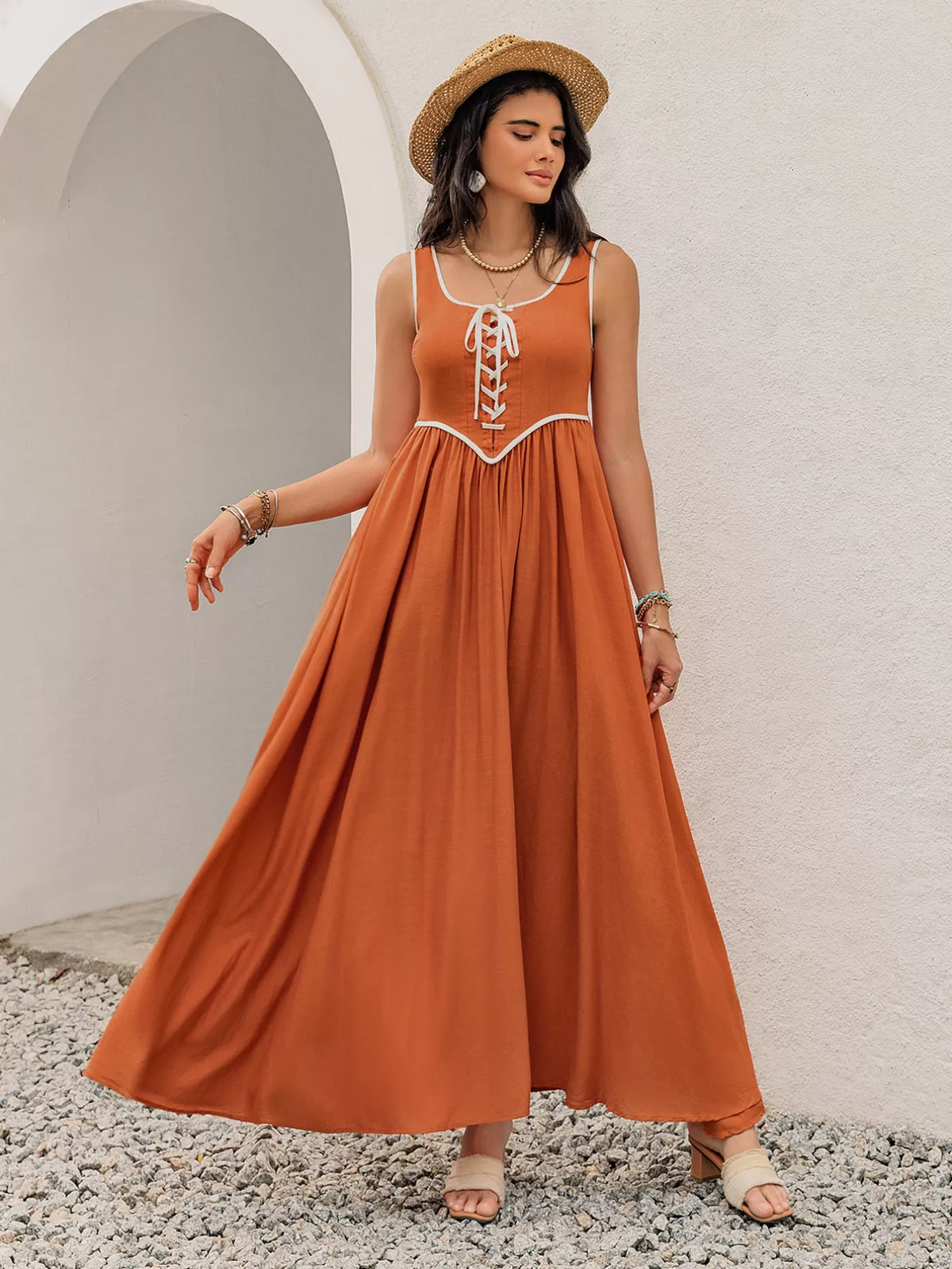 Contrast Trim Lace-Up Maxi Tank Dress - alternate view 4