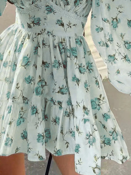 Lace Detail V-Neck Balloon Sleeve Dress - alternate view 4