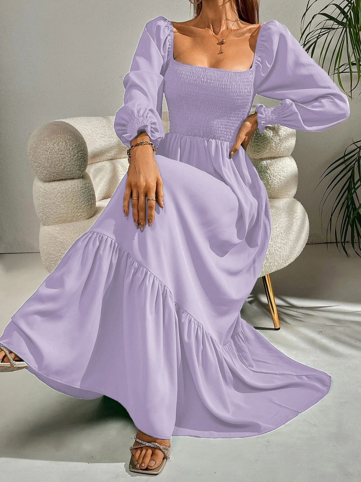Smocked Long Sleeve Midi Dress - alternate view 7
