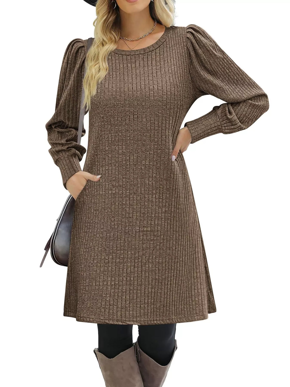 Puff Sleeve Ribbed Knit Long Sleeve Mini Dress with Pockets - alternate view 18