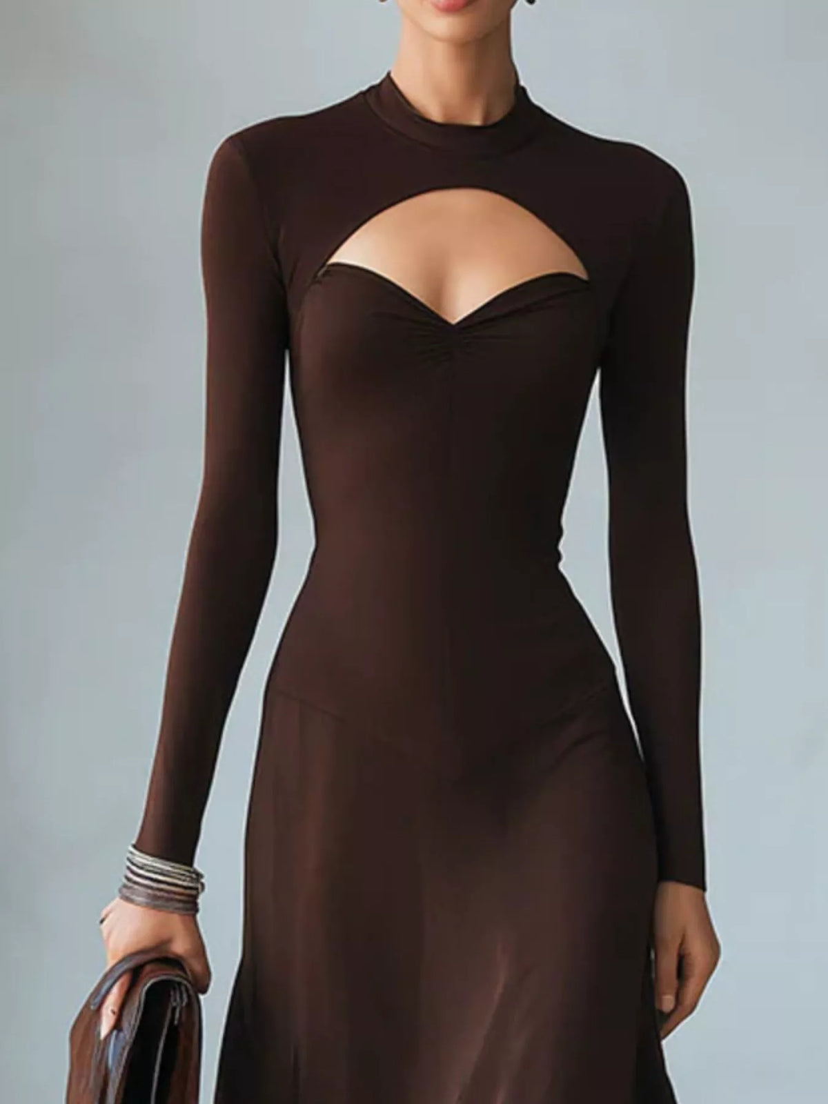 Full Size Mock Neck Cut-Out Long Sleeve Midi Dress Plus Size - alternate view 2