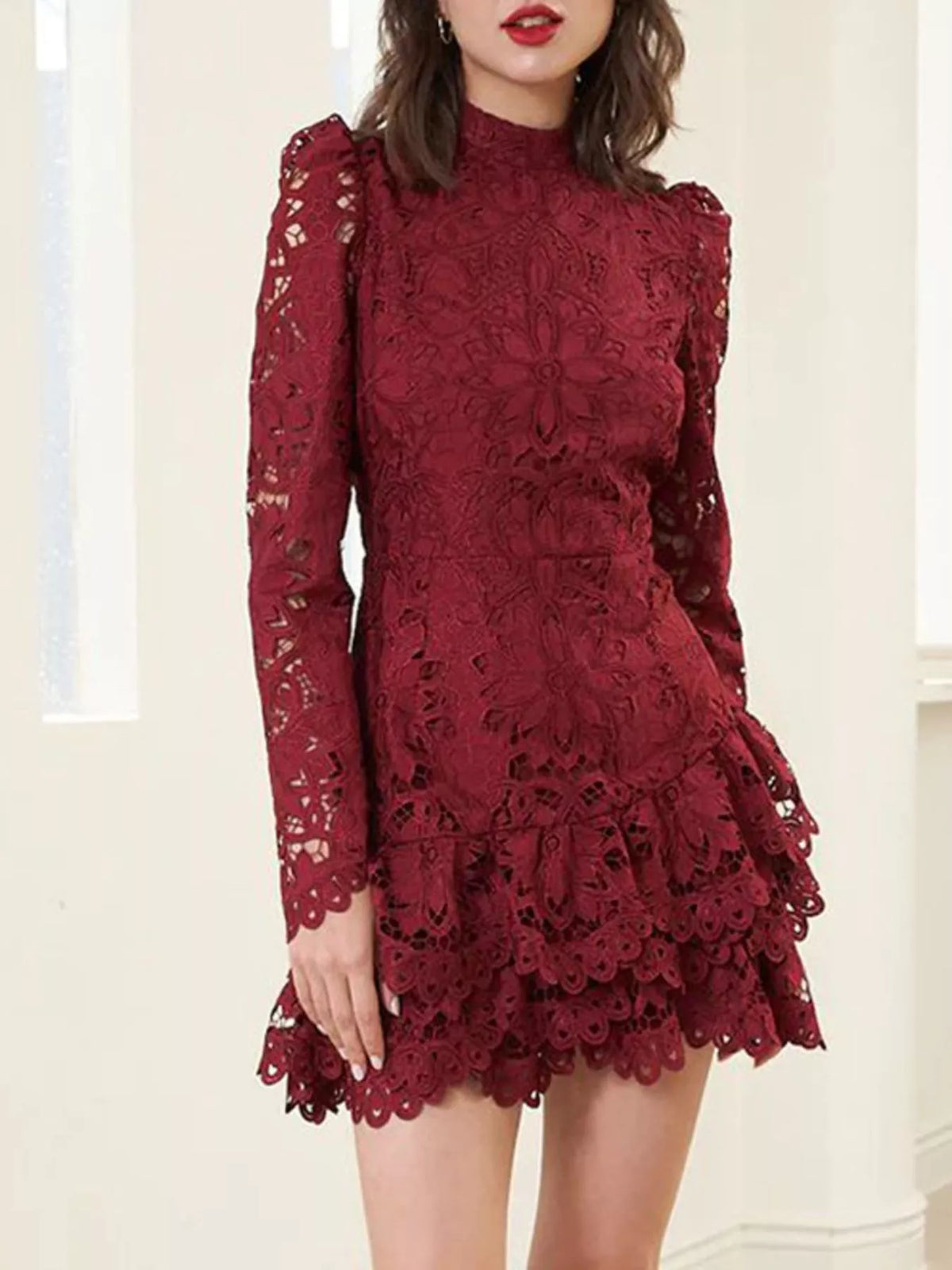 Lace Mock Neck Long Sleeve Mini Dress - alternate view 1