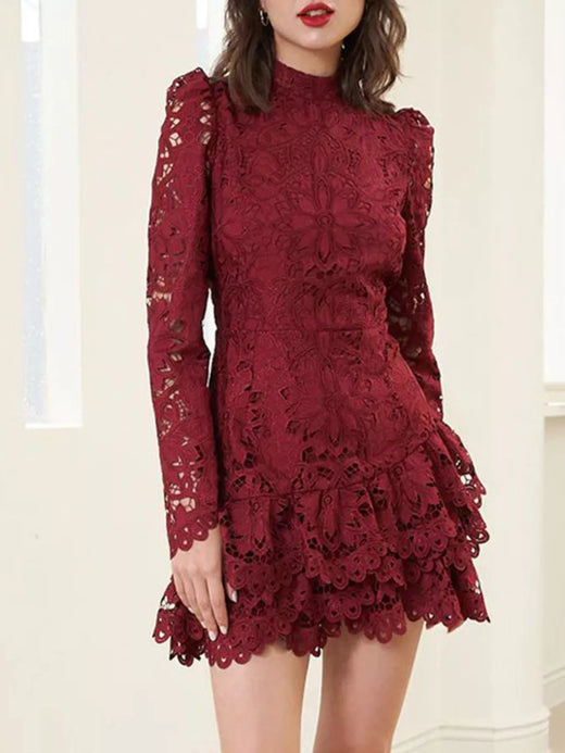 Lace Mock Neck Long Sleeve Mini Dress - alternate view 1