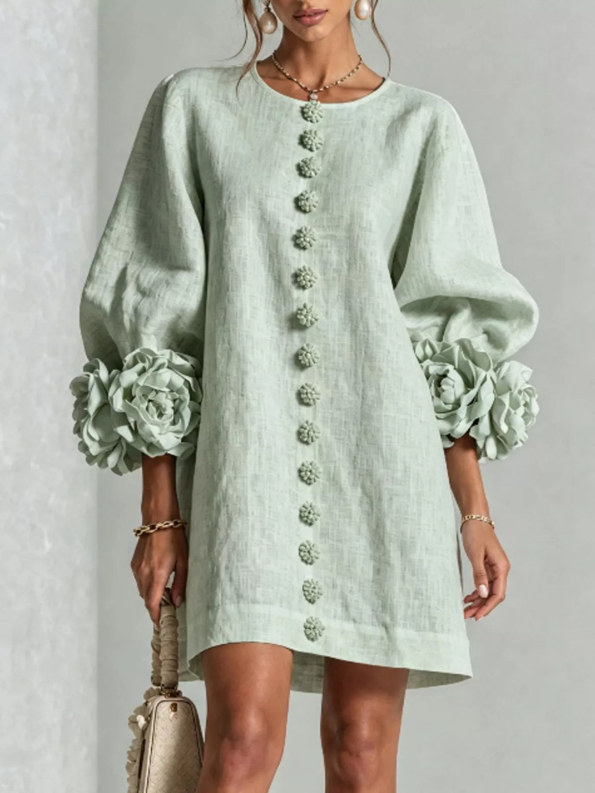 Full Size 3D Floral Round Neck Mini Dress Plus Size - alternate view 16