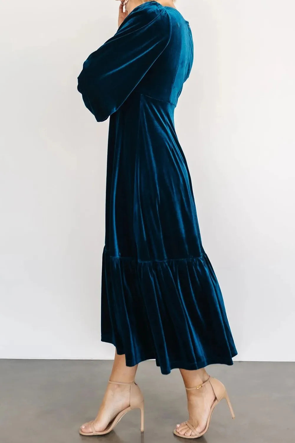 V-Neck Long Sleeve Midi Velvet Dress - alternate view 2